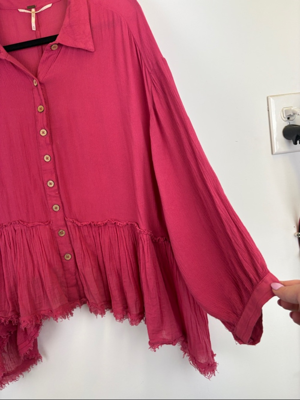 Free People Pink Gauze Button Front Peplum Top XL Boho Flowy Raw Hem Blouse - Picture 6 of 11
